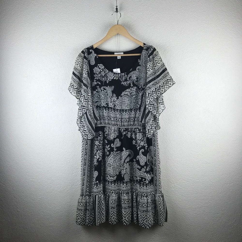 Cato l 14 Black White Paisley Bohemian Tribal Flutter Sleeve Ruffle Hem Dress